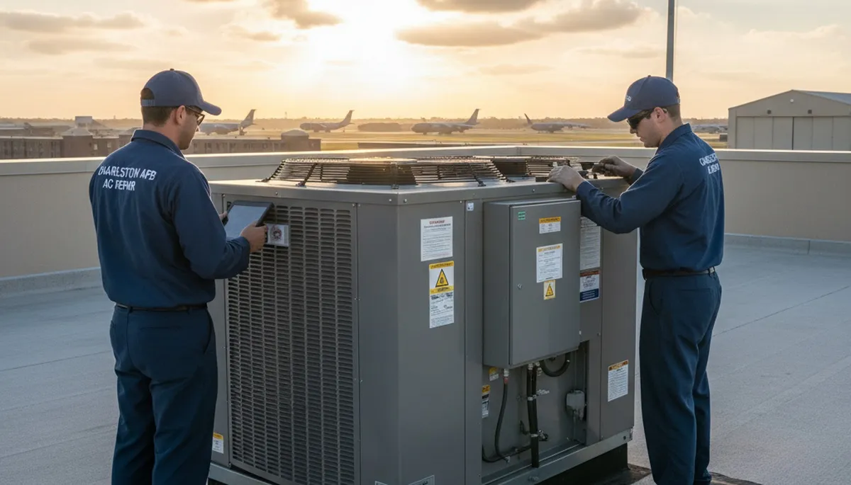 Professional AC repair technician servicing air conditioner in Charleston SC home
