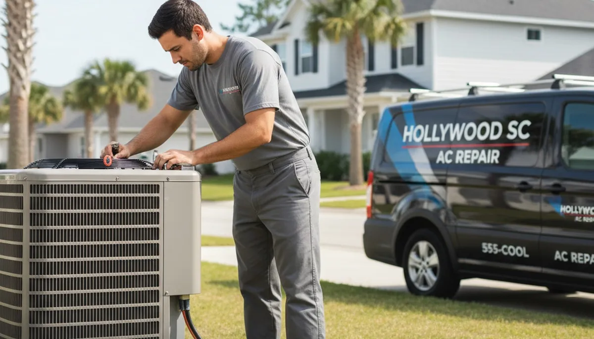 Professional AC repair technician servicing air conditioner in Charleston SC home