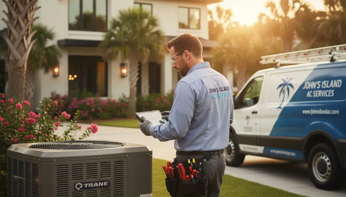 Professional AC repair technician servicing air conditioner in Charleston SC home