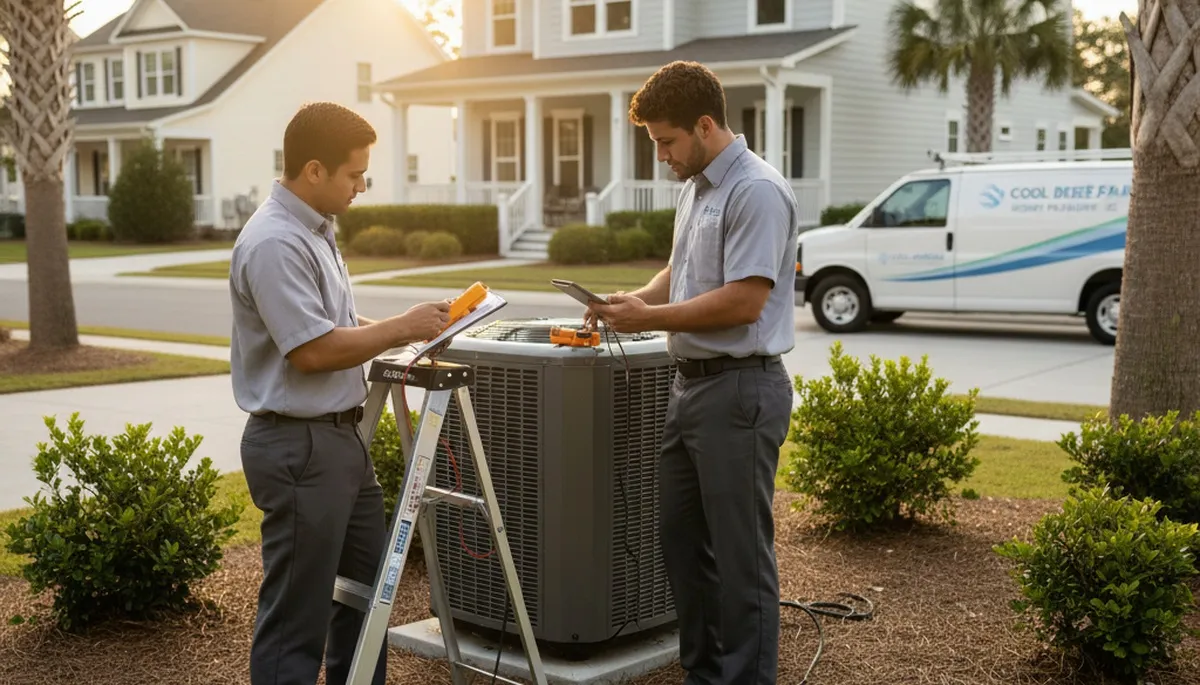 Professional AC repair technician servicing air conditioner in Charleston SC home