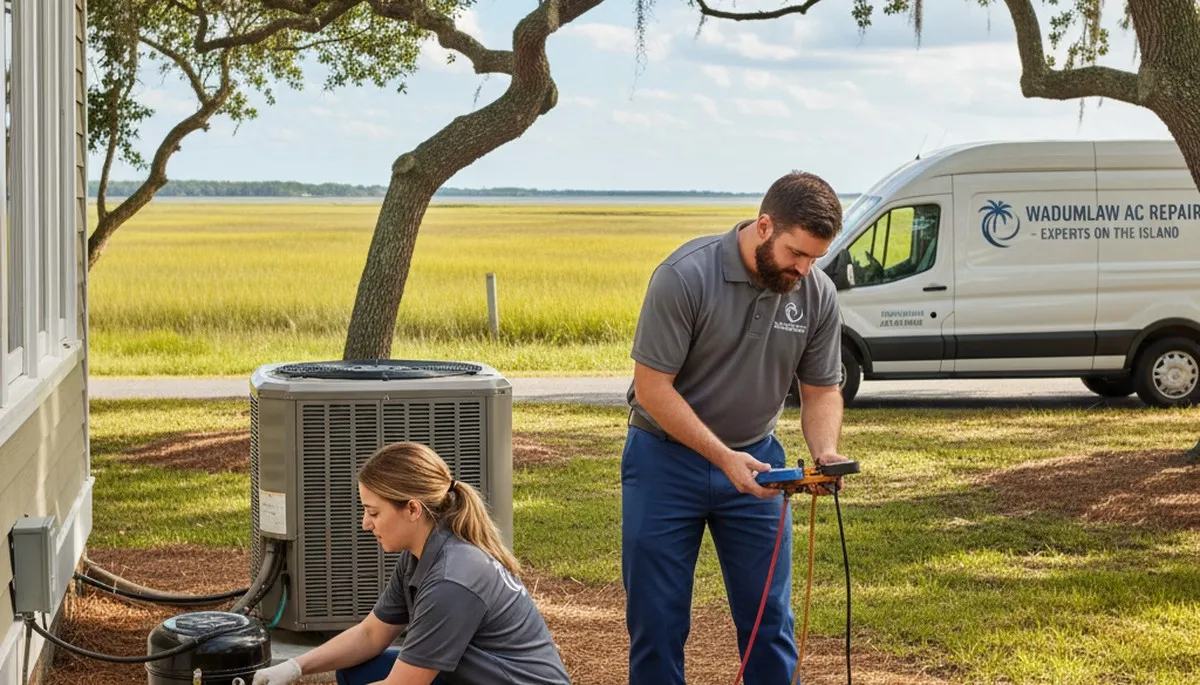Professional AC repair technician servicing air conditioner in Charleston SC home